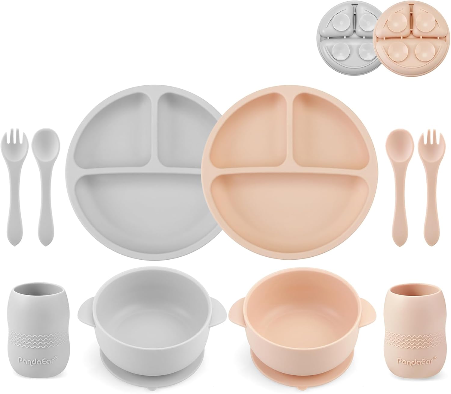 pandaear silicone baby crockery set with suction cup, 2 divided children's plates + 2 suction cups, baby porridge bowl + 2 baby drinking cups with 2 baby spoons, 2 forks, children's crockery set, baby pandaear silicone baby crockery set with suction cup, 2 divided children's plates + 2 suction cups, baby porridge bowl + 2 baby drinking cups with 2 baby spoons, 2 forks, children's crockery set, baby