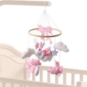 baby crib mobile baby nursery mobile with bunny and bow | boys girls rotating sensory toy bohemian ornament for bedroom bassinet window wall living room