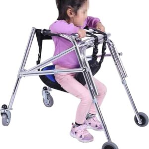 foldable height adjustable children's walker with seat, 4 wheel rollator for mobility support and stability