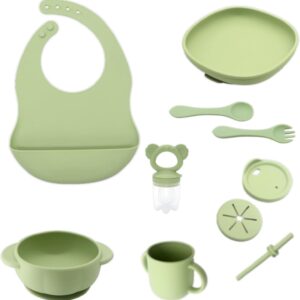 all in one silicone weaning set. 10 piece baby set with suction bowl and plate, snack and drinking cup, cutlery and fruit dispenser. bpa free, microwave and dishwasher safe. sage green