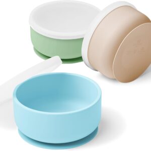 navik baby tableware set, silicone baby bowl with lid and suction cup, children's bowl, from 6 months, blue, green and beige