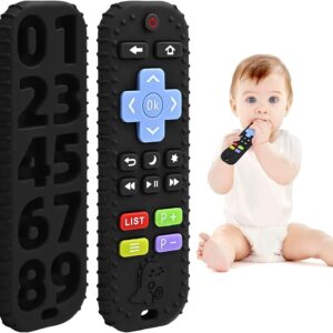 teething relief teethers toys for babies 3 6 12 months gifts, silicone remote control baby teether bath toys for 3 6 9 months newborn infant boy girl autism, food grade silicone sensory toys, black