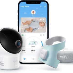 eufy baby s340 smart sock, 2.4 ghz wi fi baby monitor, sleep track, heart rate, blood oxygen, 2k camera, ai detection of crying, panorama and tilt, no charge