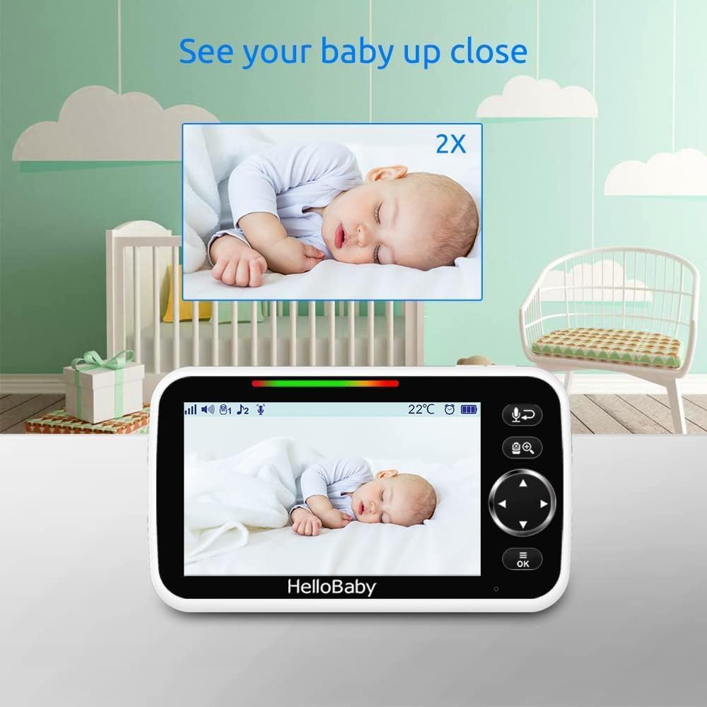 hellobaby upgrade 5’’ baby monitor with 26 hour battery, 2 cameras pan tilt zoom, 1000ft range video audio baby monitor no wifi, vox, night vision, 2 way talk, 8 lullabies and temperature hellobaby upgrade 5’’ baby monitor with 26 hour battery, 2 cameras pan tilt zoom, 1000ft range video audio baby monitor no wifi, vox, night vision, 2 way talk, 8 lullabies and temperature