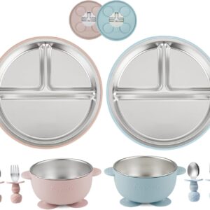 pandaear set of 8 stainless steel 2 baby plates & 2 bowls 2 spoons and 2 forks divided toddler plates for baby led weaning bpa free feeding set pink & blue