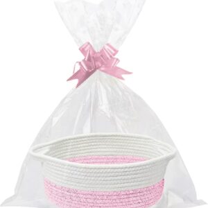 lebkft cotton rope woven gift basket set, handmade nursery organizer with bags & ribbons versatile storage basket for home empty hamper for baby wedding housewarming or pet toy box (pinkish white)