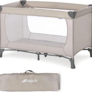 hauck dream n play, beige travel cot with transport bag for babies & toddlers, lightweight, fast & compact folding, 120cm x 60cm, from birth up to 15 kg