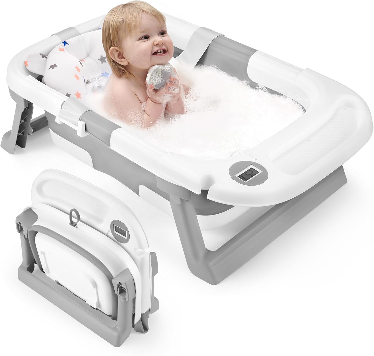 baby bathtub, newborns bath essentials, portable bath tub for infant 0 24 months,baby shower gifts with soft cushion,temperature sensor and tray baby bathtub, newborns bath essentials, portable bath tub for infant 0 24 months,baby shower gifts with soft cushion,temperature sensor and tray
