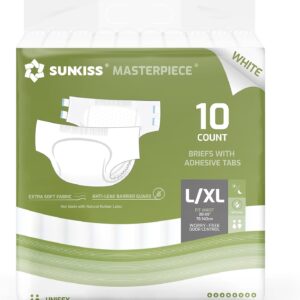 sunkiss masterpiece adult diapers with ultimate absorbency, unisex disposable incontinence briefs with tabs for women and men, odor control, overnight protection, white, l/xl, 10 count