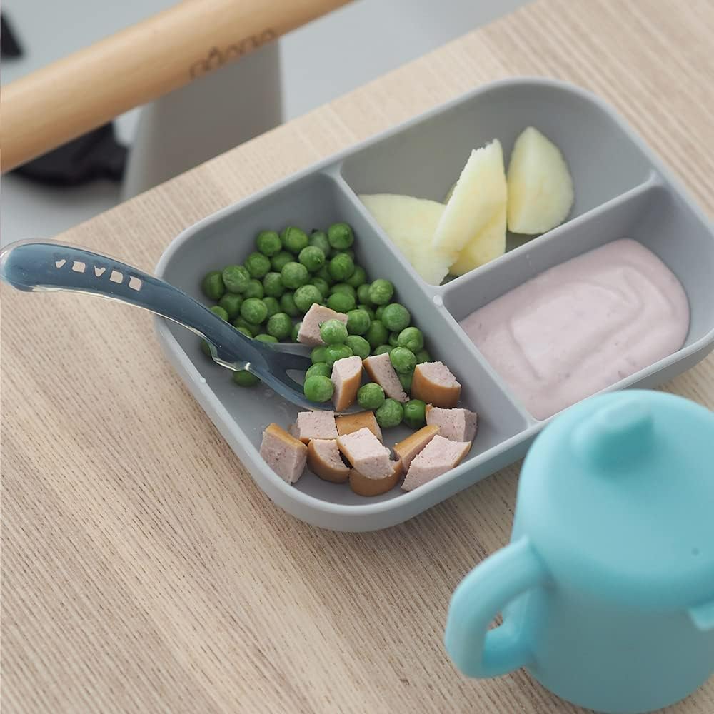 béaba silicone baby meal set, set of 3, plate with divider, cup and spoon, healthy and sustainable silicone, dishwasher safe, microwave safe, blue béaba silicone baby meal set, set of 3, plate with divider, cup and spoon, healthy and sustainable silicone, dishwasher safe, microwave safe, blue