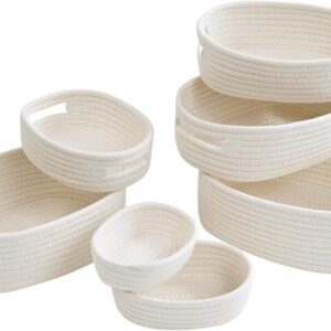 sagittar set of 7 storage basket woven cotton rope, hand knitted storage baskets for bathroom shelve nursery, decorative basket organizer bins, white