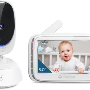 motorola nursery vm75 video baby monitor 5.0" color display two way talk infrared night vision zoom, remote pan no wifi long range secured transmission temperature sensor soothing sounds