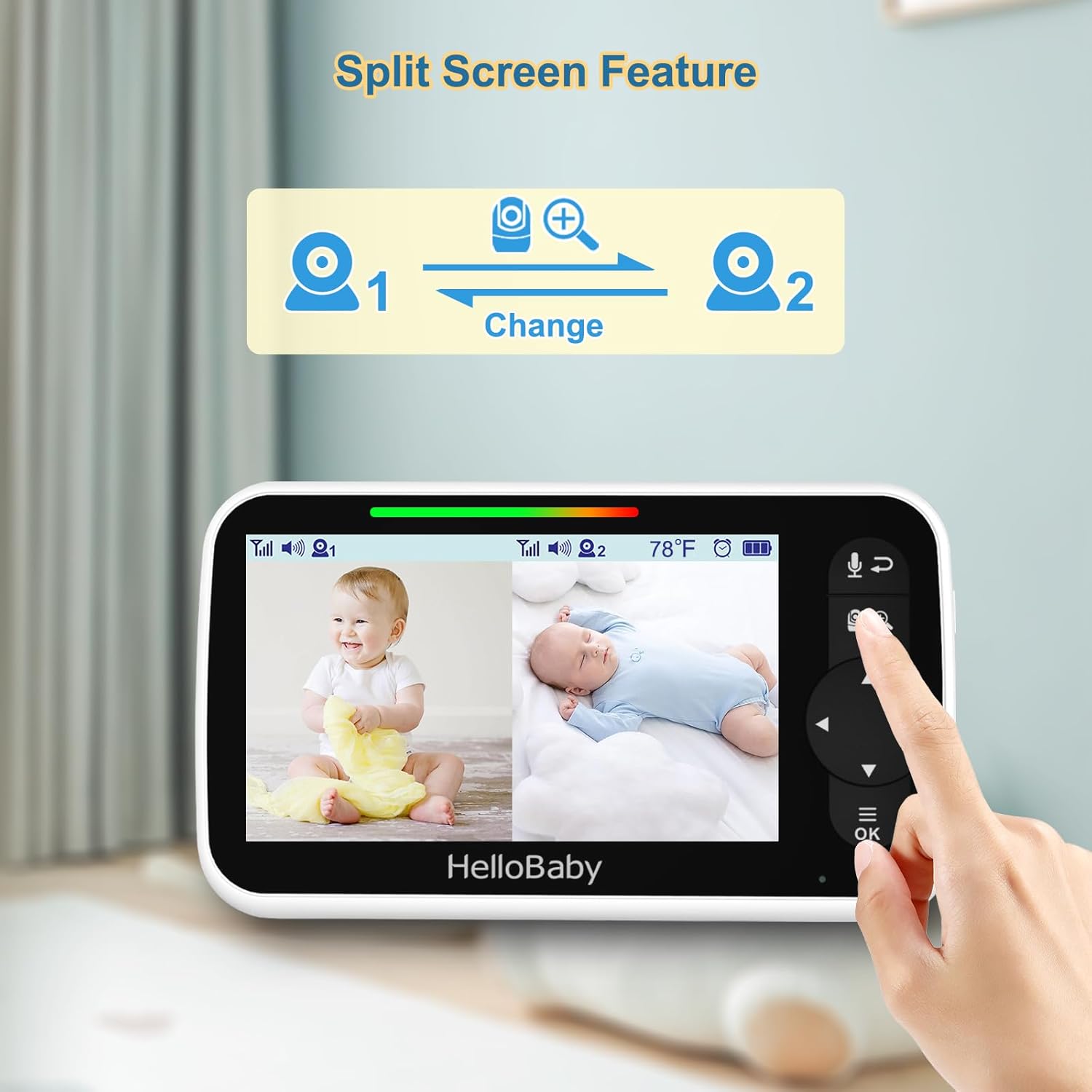 hellobaby video baby monitor with 2 cameras and 5 inch split screen display, remote control cameras with night vision and temprature monitoring hellobaby video baby monitor with 2 cameras and 5 inch split screen display, remote control cameras with night vision and temprature monitoring