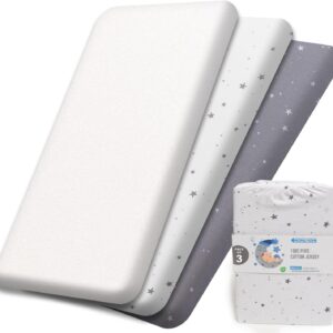 100% pure jersey cotton cot sheets 120x60 fitted, 3 pack, 1 waterproof protector pad 2 baby cot sheets for toddlers & bedside cribs, star print (gray/white)