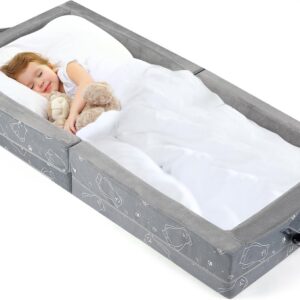 portable toddler travel bed – foldable soft foam floor crib with washable cover, built in safety rails, no assembly, compact for travel & home use, grey