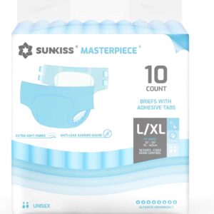 sunkiss masterpiece adult diapers with ultimate absorbency, unisex disposable incontinence briefs with tabs for women and men, odor control, overnight protection,blue, l/xl, 10 count