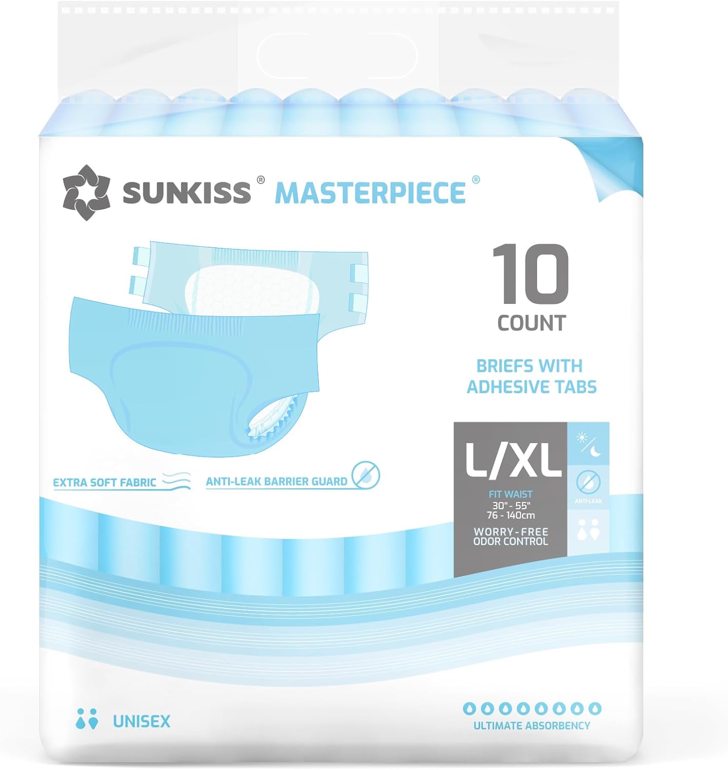 sunkiss masterpiece adult diapers with ultimate absorbency, unisex disposable incontinence briefs with tabs for women and men, odor control, overnight protection,blue, l/xl, 10 count sunkiss masterpiece adult diapers with ultimate absorbency, unisex disposable incontinence briefs with tabs for women and men, odor control, overnight protection,blue, l/xl, 10 count