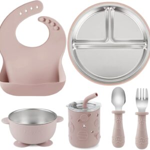 pandaear stainless steel baby tableware set with silicone sleeve plate, bowl, cup with spoons & forks bpa free feeding set for toddlers