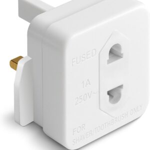 desiretech uk shaver adaptor plug fused 1a 250v 2 pin to 3 pin converter ce certified plug for electric shaver & toothbrush compact, heat resistant, safe uk bathroom socket adaptor white