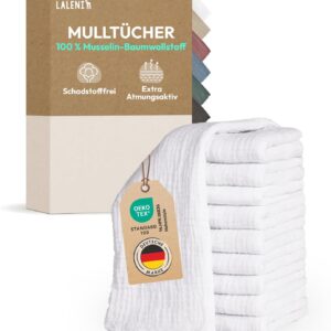 laleni baby burp cloths, set of 10, cotton 70x70 cm – non toxic, highly absorbent muslin & gauze towel – washable – white