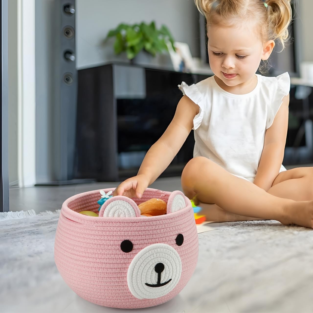 pandaear cotton rope baby basket, baby gift basket nursery laundry organizer with cute bear design for storage infant newborn essentials, diaper caddy with handle (pink) pandaear cotton rope baby basket, baby gift basket nursery laundry organizer with cute bear design for storage infant newborn essentials, diaper caddy with handle (pink)