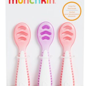 munchkin gentle dip multistage first spoons| weaning spoons for babies 4+ months | ideal for baby led weaning | ergonomic design | bpa free | pink & purple | 3 pack