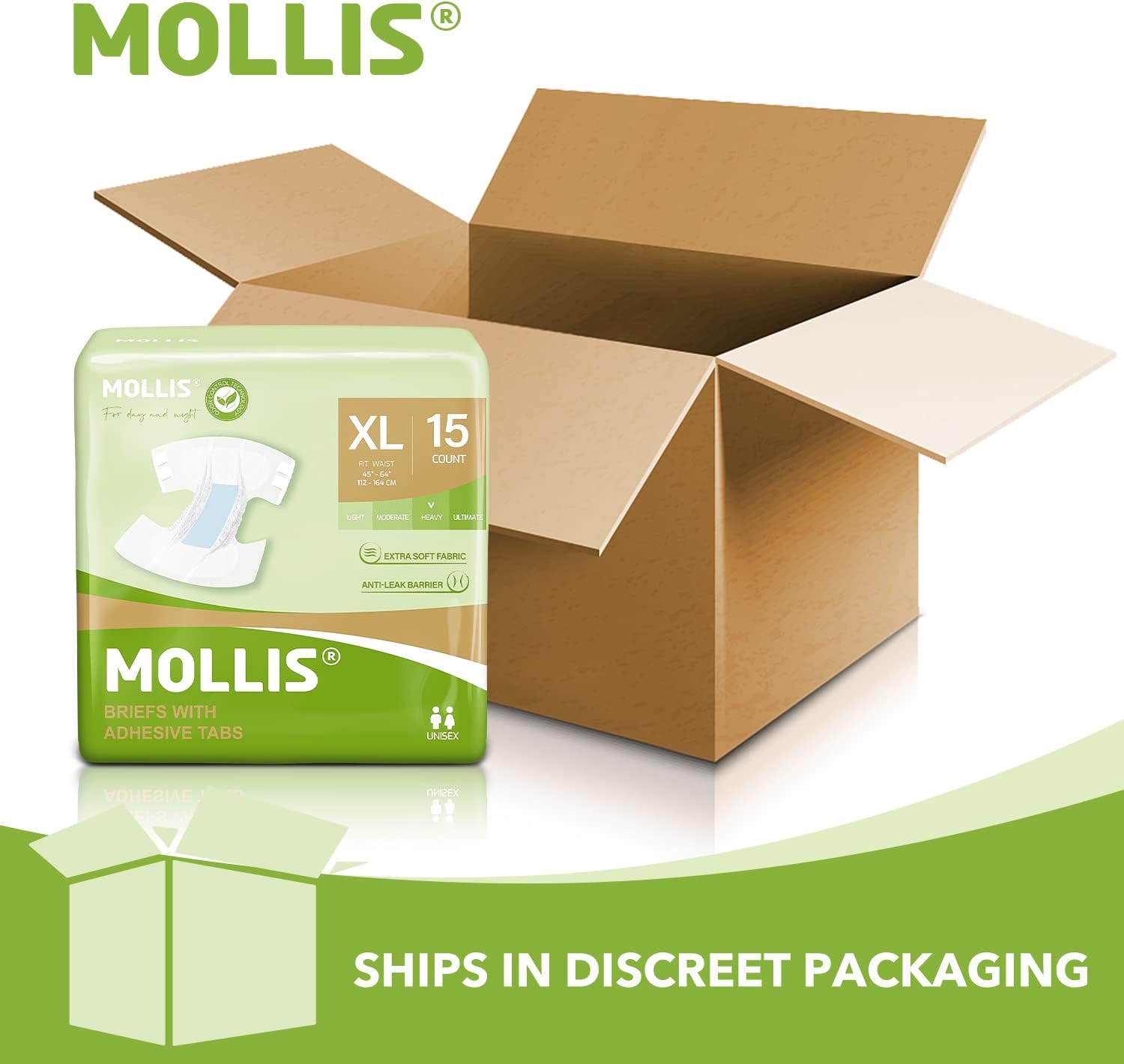 mollis adult diapers for women and men, unisex disposable incontinence briefs with tabs, maximum absorbency, overnight leak protection, xlarge, 15 count mollis adult diapers for women and men, unisex disposable incontinence briefs with tabs, maximum absorbency, overnight leak protection, xlarge, 15 count