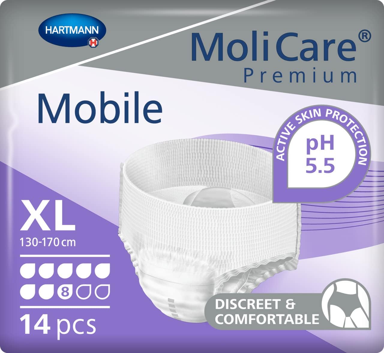 molicare premium mobile disposable incontinence pants: for women and men with incontinence; 8 drops, size xl, pack of 14 molicare premium mobile disposable incontinence pants: for women and men with incontinence; 8 drops, size xl, pack of 14