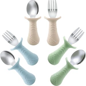 pandaear baby cutlery set, 6 pieces silicone spoons and forks set for babies and toddlers, bpa free with shockproof silicone design (blue & green & beige)