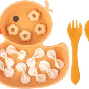 qshare baby plate, non slip children's place mat with suction cups, split stable baby plate, toddler plate with spoon fork, bpa free, dishwasher and microwave safe (orange)