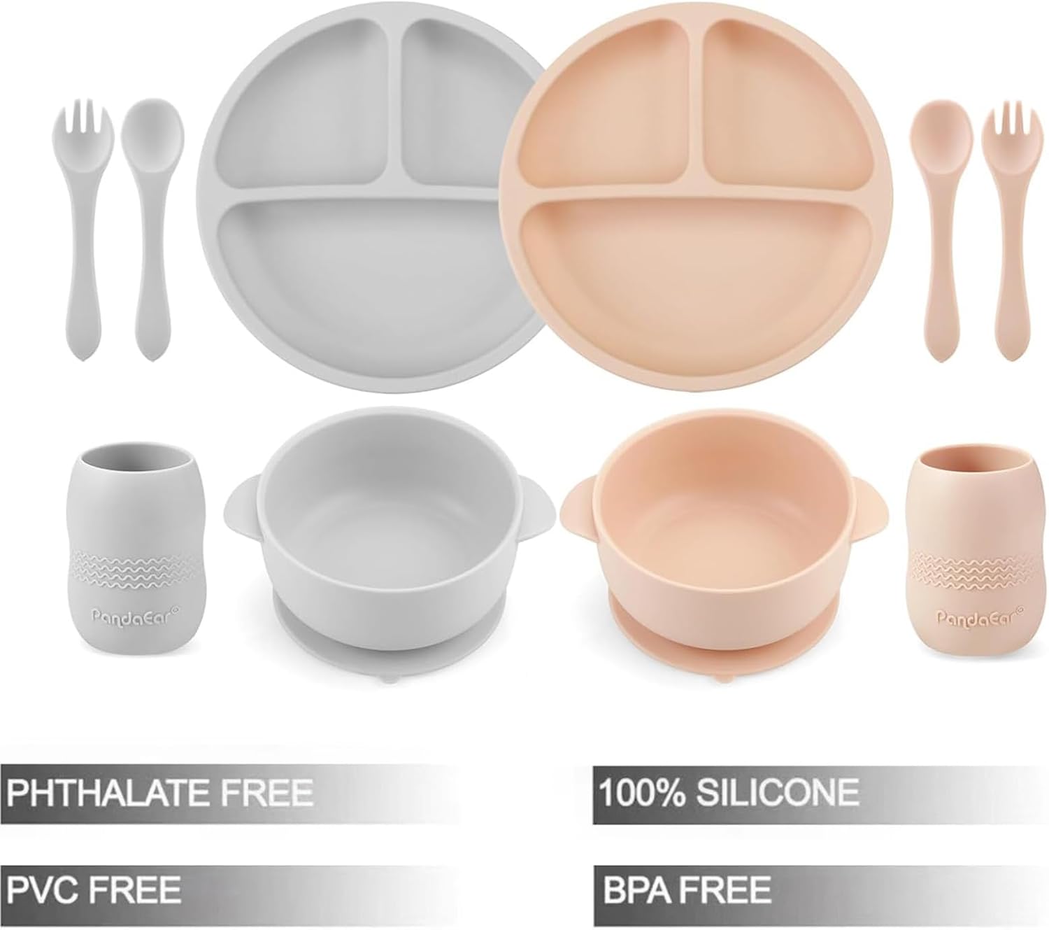 pandaear silicone baby crockery set with suction cup, 2 divided children's plates + 2 suction cups, baby porridge bowl + 2 baby drinking cups with 2 baby spoons, 2 forks, children's crockery set, baby pandaear silicone baby crockery set with suction cup, 2 divided children's plates + 2 suction cups, baby porridge bowl + 2 baby drinking cups with 2 baby spoons, 2 forks, children's crockery set, baby