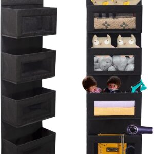 over door storage organiser, soft fabric hanging storage organizer with clear window for pantry baby nursery bathroom closet dorm room 4 pockets, black