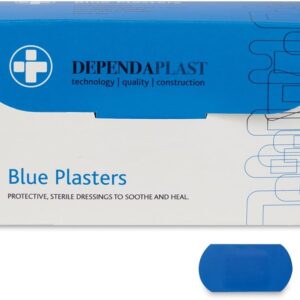 dependaplast food area blue plasters with high visibility and metal detection properties, easily detectable, individually wrapped 4 cm x 2 cm, blue (pack of 100)
