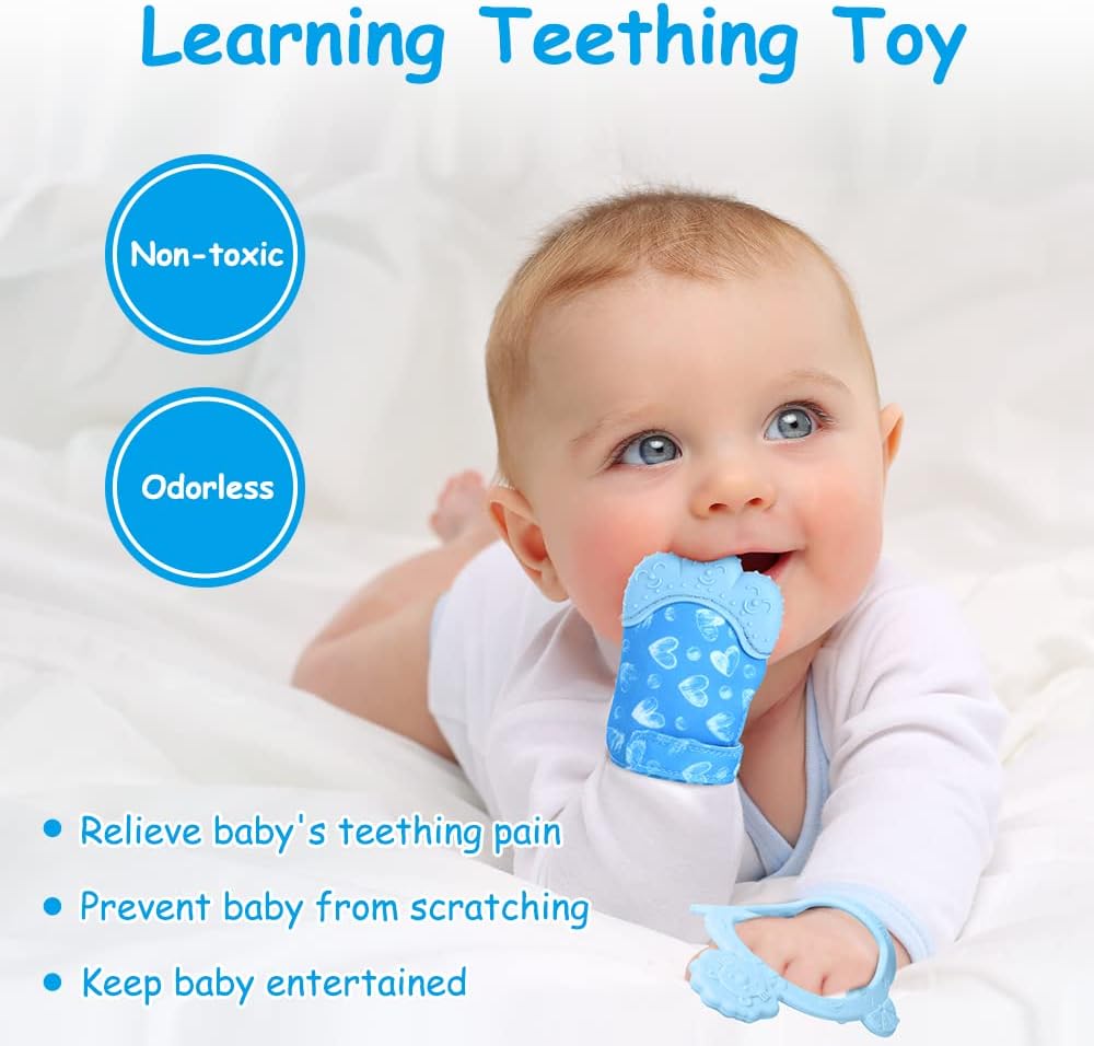 vicloon food grade silicone teething mitten, 2 x bpa free teething toys, helps prevent baby teeth and gum pain, for boys and girls (blue) vicloon food grade silicone teething mitten, 2 x bpa free teething toys, helps prevent baby teeth and gum pain, for boys and girls (blue)