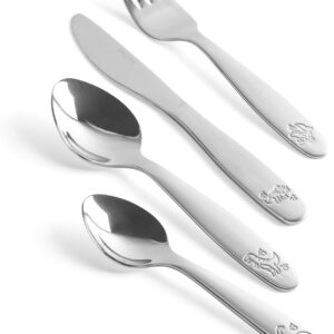 salter 4 piece kids dinosaur cutlery set knife, fork, dessert spoon, & teaspoon, stainless steel, dishwasher safe, mirror polished, embossed pattern, aged 1 5 toddler utensils, 25 year guarantee