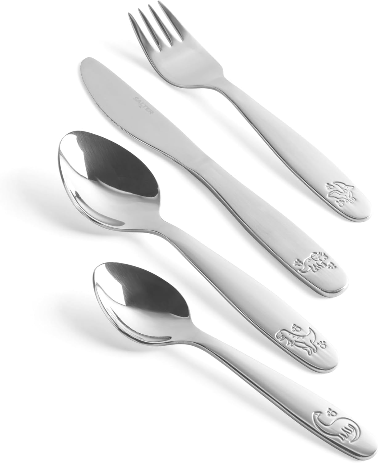 salter 4 piece kids dinosaur cutlery set knife, fork, dessert spoon, & teaspoon, stainless steel, dishwasher safe, mirror polished, embossed pattern, aged 1 5 toddler utensils, 25 year guarantee salter 4 piece kids dinosaur cutlery set knife, fork, dessert spoon, & teaspoon, stainless steel, dishwasher safe, mirror polished, embossed pattern, aged 1 5 toddler utensils, 25 year guarantee