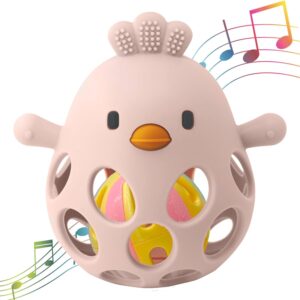 felly baby teething toys 0 6 12 months, silicone infant chew toys, teething mitten for 3 months baby with bell gifts for boys girls (pink)