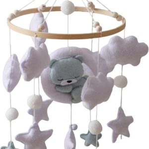 baby mobile crib 17.72x9.06x9.06 inches sleeping bear portable hanging toy for nursery, soothing decor bassinet bedroom wall for girls boys, felt wood, lightweight use