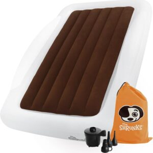 the shrunks toddler travel bed portable inflatable air mattress bed for travel or home use, white, kids air bed for camping and sleepover with security rails and electric pump 152 x 94 x 23cm