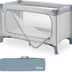 hauck dream n play plus, dusty blue children's travel bed with transport bag large slip for playing small foldable baby travel cot toddler from birth to 15 kg