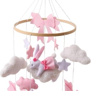 baby mobile for crib crocheted bunny nursery mobile | rotating sensory hanging toy with wooden frame, soft felt bohemian ornament for bedroom, bassinet, wall, window, living room