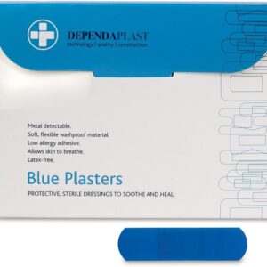 dependaplast food area blue plasters with high visibility and metal detection properties, easily detectable, individually wrapped 7 cm x 2 cm, blue (pack of 100)