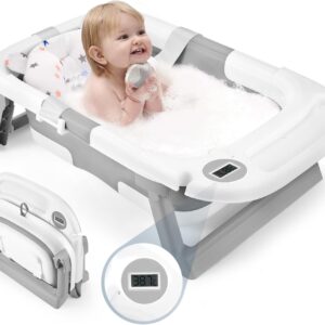 baby bathtub, newborns bath essentials, portable bath tub for infant 0 24 months，baby shower gifts with soft cushion,temperature sensor and tray
