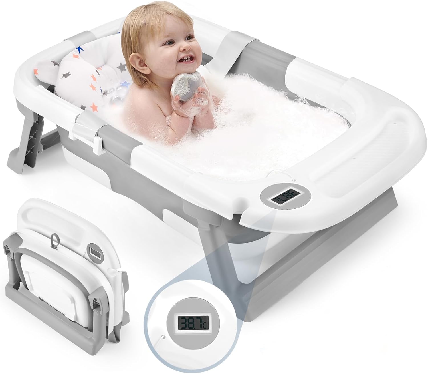 baby bathtub, newborns bath essentials, portable bath tub for infant 0 24 months,baby shower gifts with soft cushion,temperature sensor and tray baby bathtub, newborns bath essentials, portable bath tub for infant 0 24 months,baby shower gifts with soft cushion,temperature sensor and tray