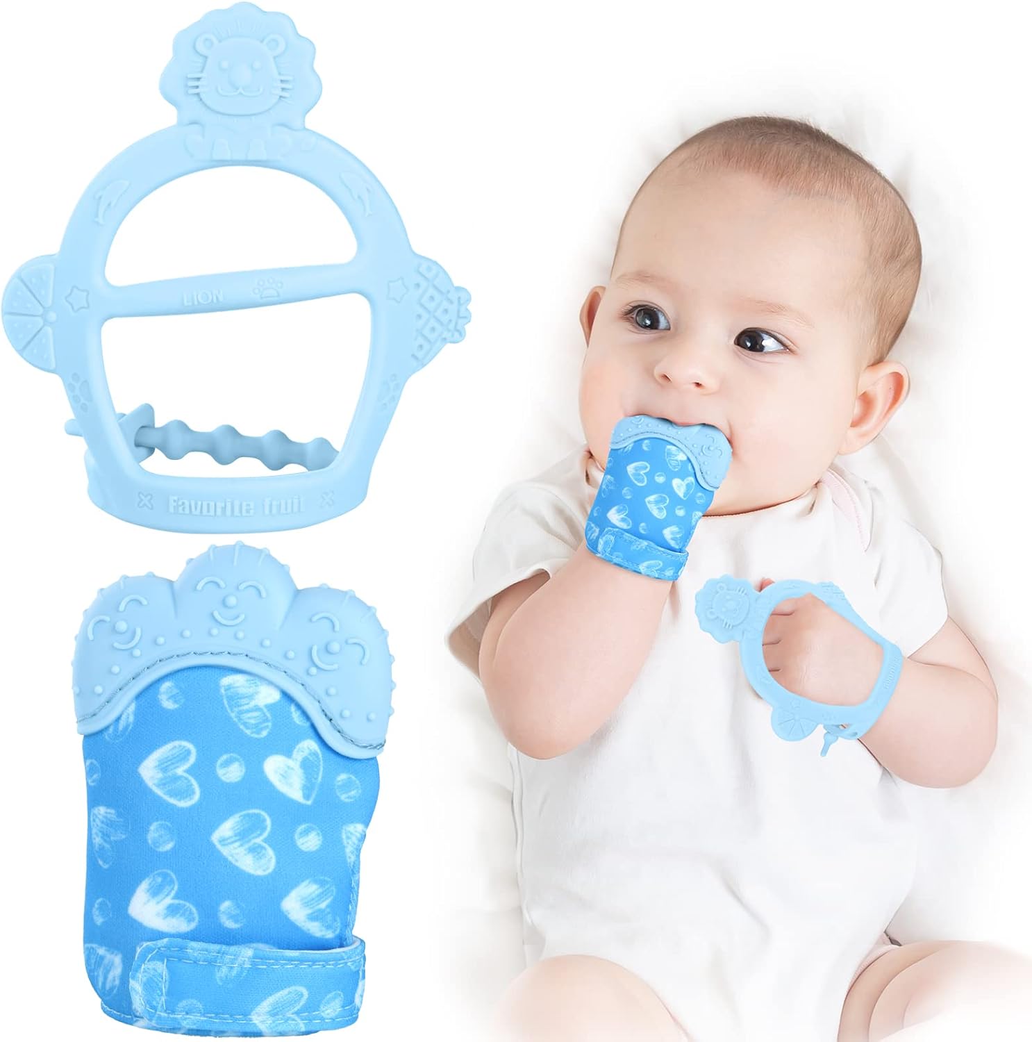 vicloon food grade silicone teething mitten, 2 x bpa free teething toys, helps prevent baby teeth and gum pain, for boys and girls (blue) vicloon food grade silicone teething mitten, 2 x bpa free teething toys, helps prevent baby teeth and gum pain, for boys and girls (blue)