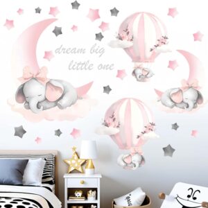 elephant balloon wall stickers for nursery: baby kids girls boys bedroom wall decals pink hot air balloon moon stars dream big little one