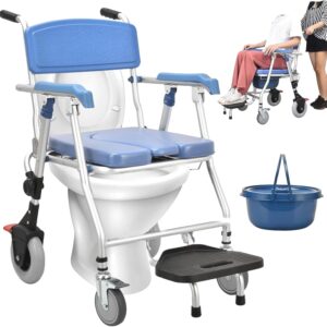 3 in 1 mobile shower and commode chair with wheels, arms, back, and foldable footrests for elderly and pregnant users