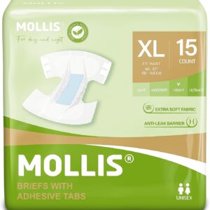 mollis adult diapers for women and men, unisex disposable incontinence briefs with tabs, maximum absorbency, overnight leak protection, xlarge, 15 count