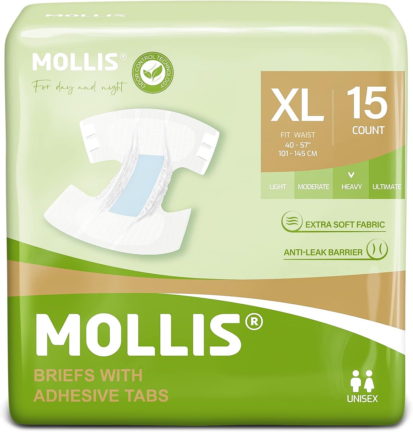 mollis adult diapers for women and men, unisex disposable incontinence briefs with tabs, maximum absorbency, overnight leak protection, xlarge, 15 count mollis adult diapers for women and men, unisex disposable incontinence briefs with tabs, maximum absorbency, overnight leak protection, xlarge, 15 count
