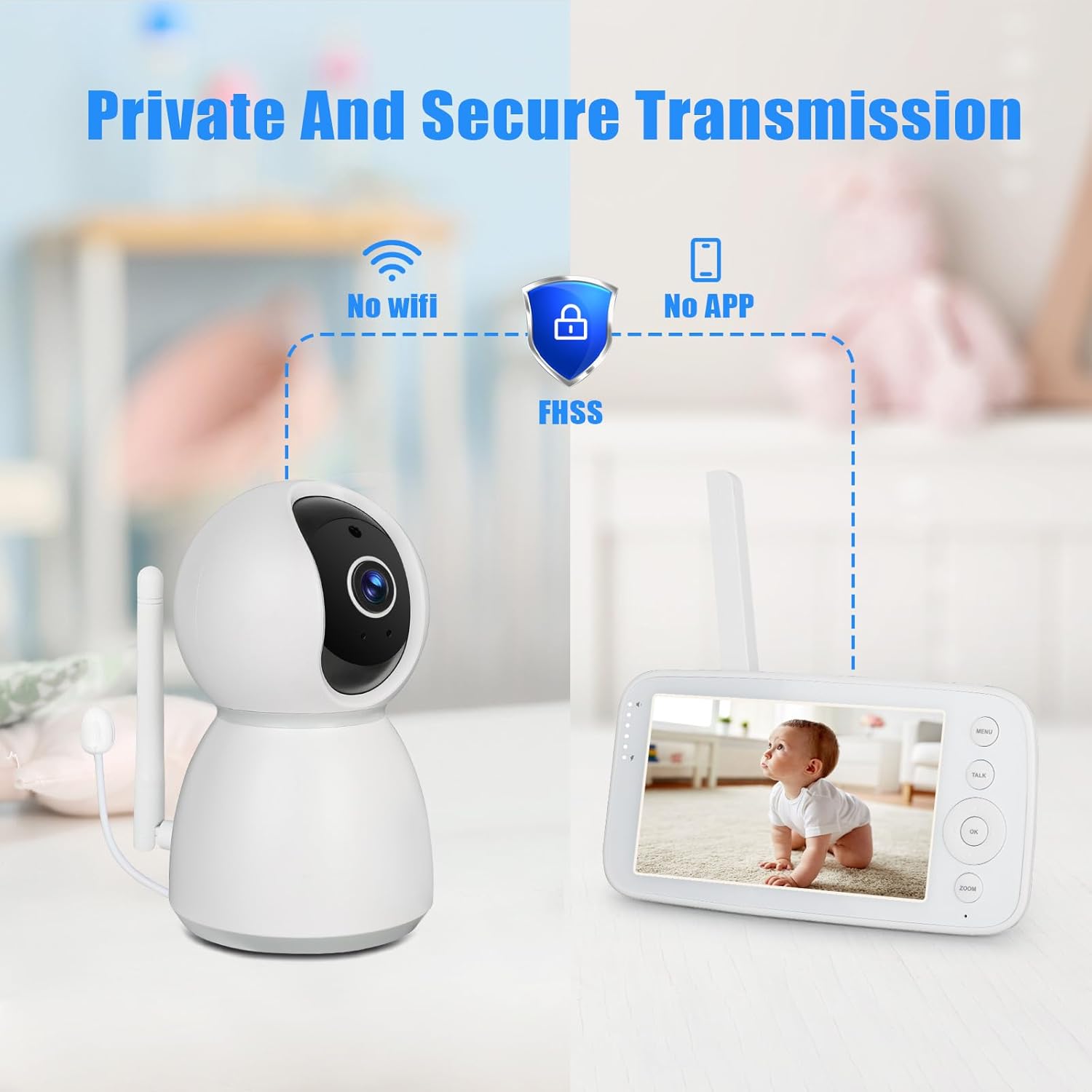 baby monitor with 5.0" ips screen baby camera monitor with remote pan tilt zoom camera no wifi no app two way audio infrared night vision 2.4g fhss signal transmission baby monitor with 5.0" ips screen baby camera monitor with remote pan tilt zoom camera no wifi no app two way audio infrared night vision 2.4g fhss signal transmission